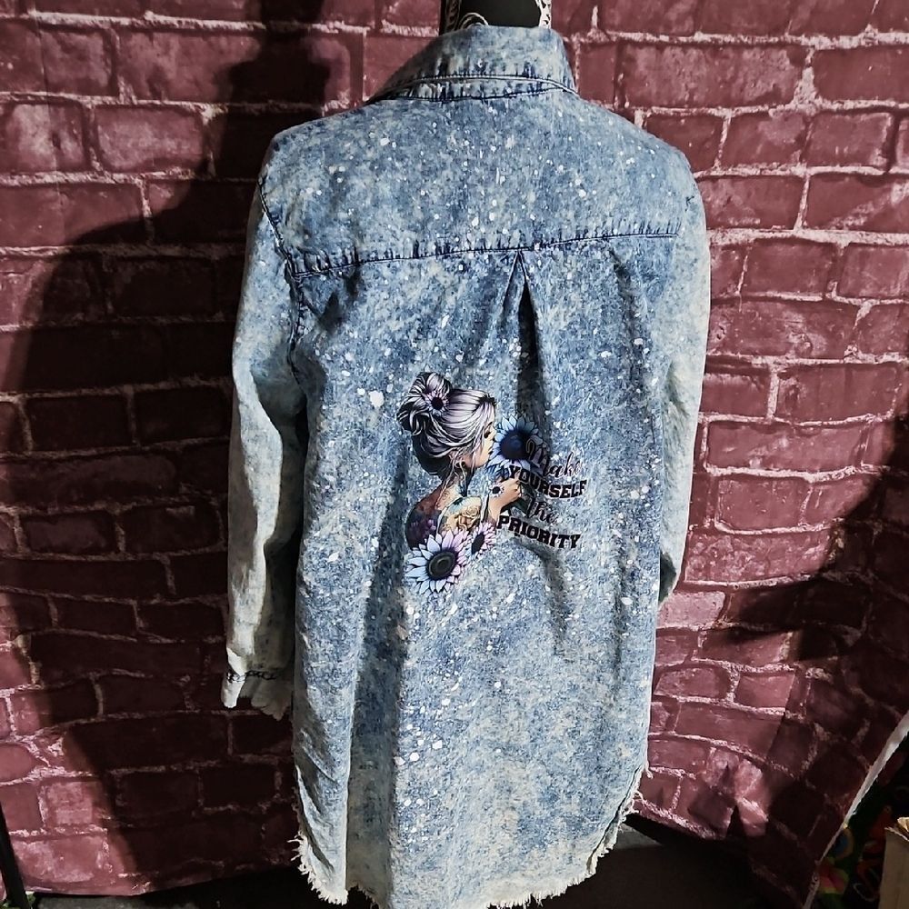 Thrill Jeans Upcycled, Distressed, Long Light Weight Denim Shirt